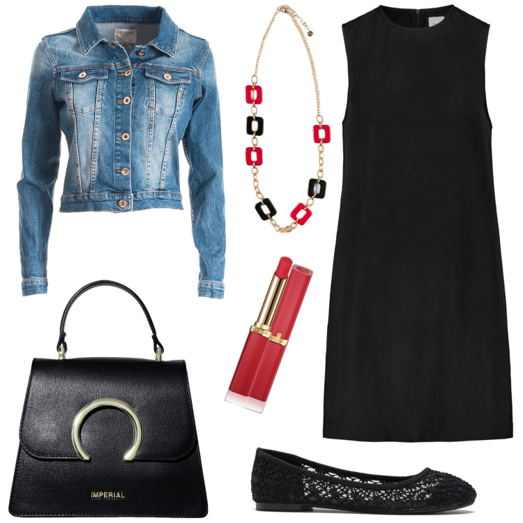 Outfit donna - Casual per la sera. Stile Casual per Serata fuori. Abbinamento con ballerine, rossetti, blazer, borse a spalla, vestiti a tubino, ciondoli.