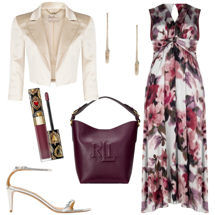 Outfit donna - Cerimonia. Stile Chic per Cerimonia. Abbinamento con rossetti, bolero, vestiti lunghi, borse a secchiello, sandali col tacco, orecchini.