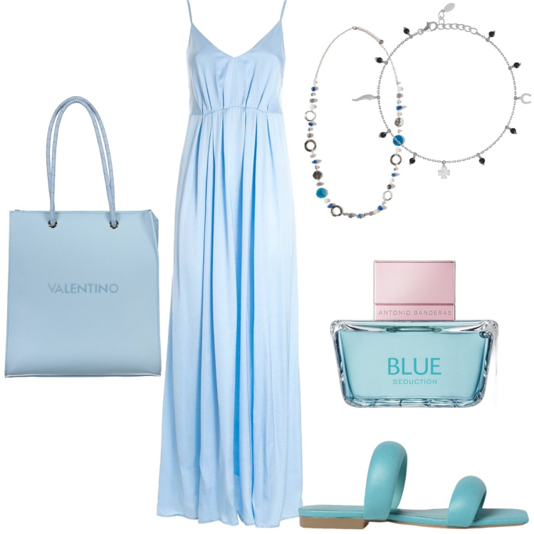 Outfit donna - Total look #1944492. Stile Casual per Tutti i giorni. Abbinamento con profumi, braccialetti con ciondoli, vestiti lunghi, borse a spalla, ciondoli, sandali in pelle.