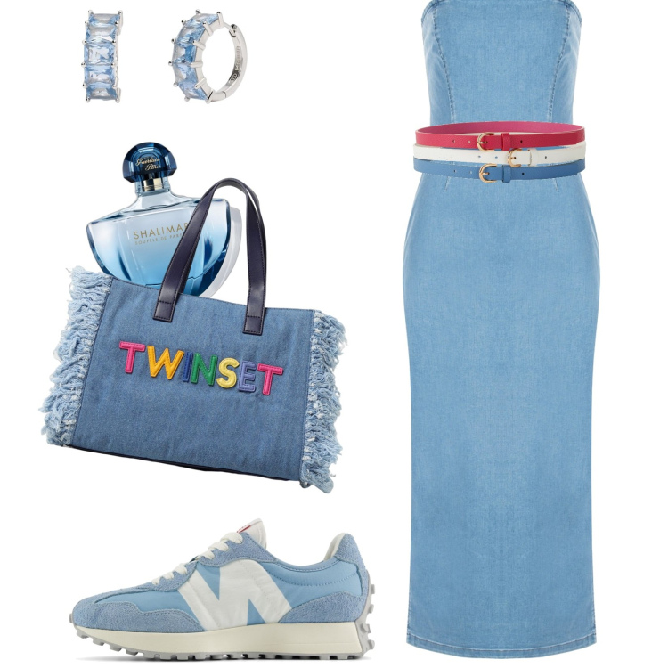 Outfit donna - Azzurro denim. Stile Trendy per Tutti i giorni. Abbinamento con cinture, profumi, orecchini, sneakers, vestiti midi/longuette, borse a mano.