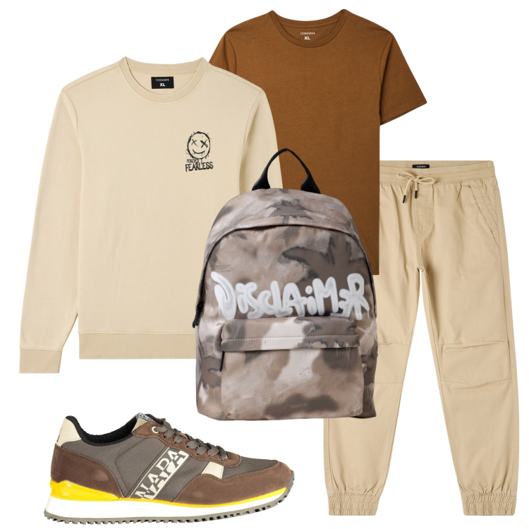 Outfit uomo - Passeggiata in montagna. Stile Casual per Sport. Abbinamento con pantaloni, felpe, t-shirt, scarpe sportive, borse sportive.
