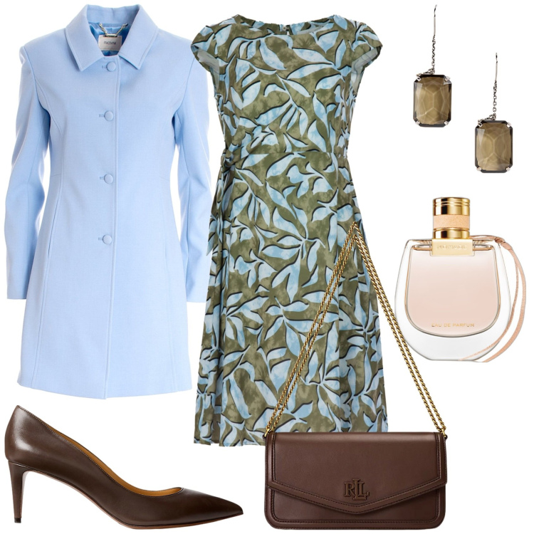 Outfit donna - Evento di interesse. Stile Glamour per Tutti i giorni. Abbinamento con profumi, cappotti, décolleté, borse a spalla, orecchini, vestiti midi/longuette.