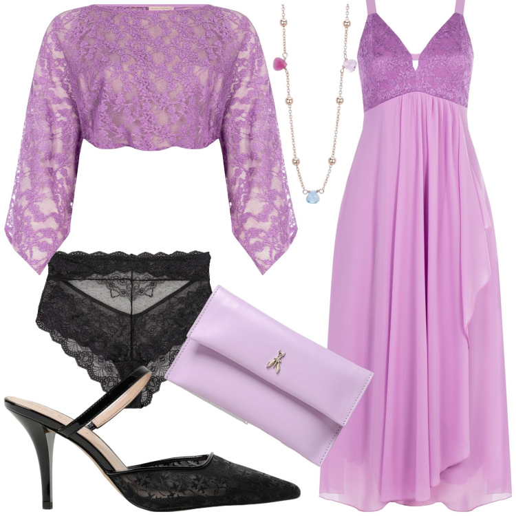 Outfit donna - Cerimonia-rinascimento. Stile Glamour per Cerimonia. Abbinamento con culotte, collane, vestiti lunghi, cappe, scarpe col tacco, borse a tracolla.