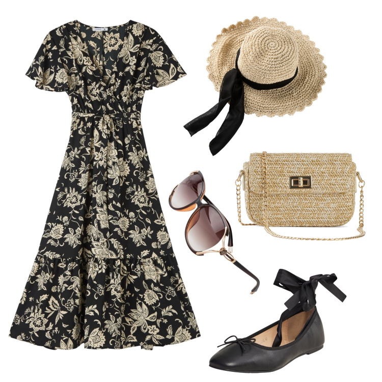 Outfit donna - Gusto retrò in città. Stile Vintage retrò per Tutti i giorni. Abbinamento con cappelli, occhiali da sole, borse a mano, vestiti lunghi, ballerine.