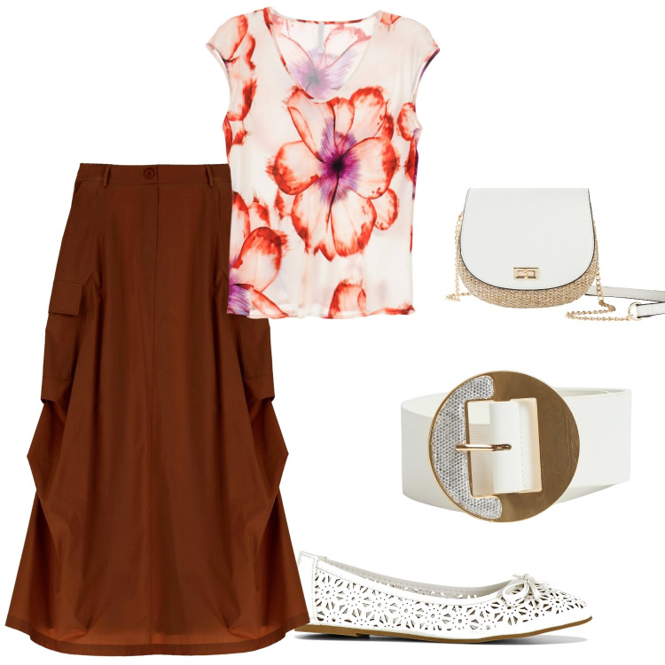 Outfit donna - Maxi fiori. Stile Romantica per Tutti i giorni. Abbinamento con borse a tracolla, ballerine, cinture, gonne lunghe, canottiere.