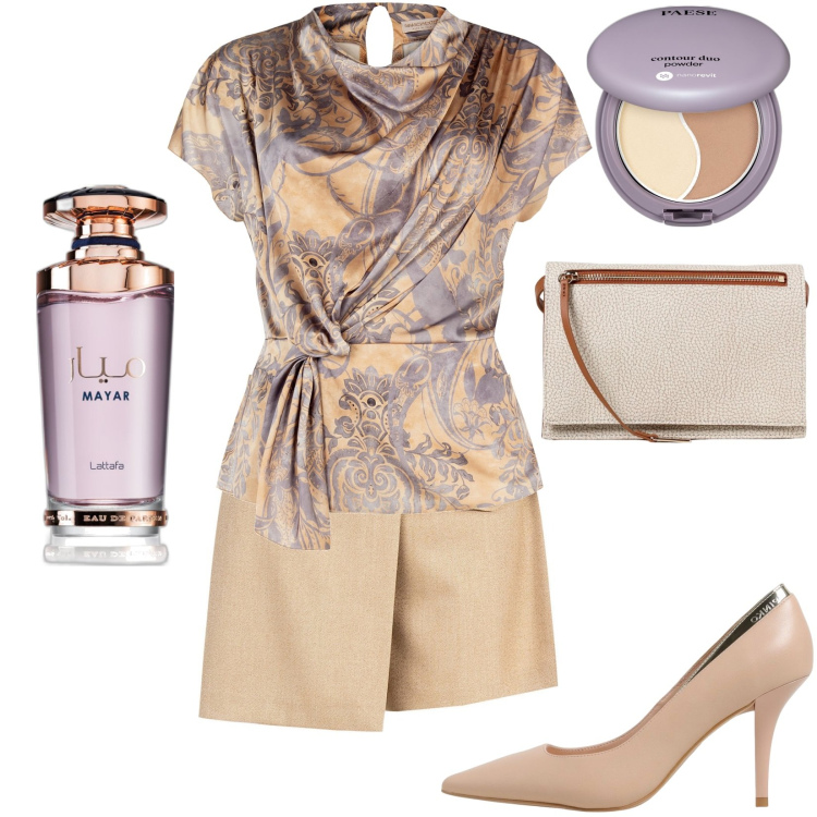 Outfit donna - Vestirsi con stile. Stile Chic per Tutti i giorni. Abbinamento con profumi, terre, bluse, shorts, décolleté, borse a tracolla.