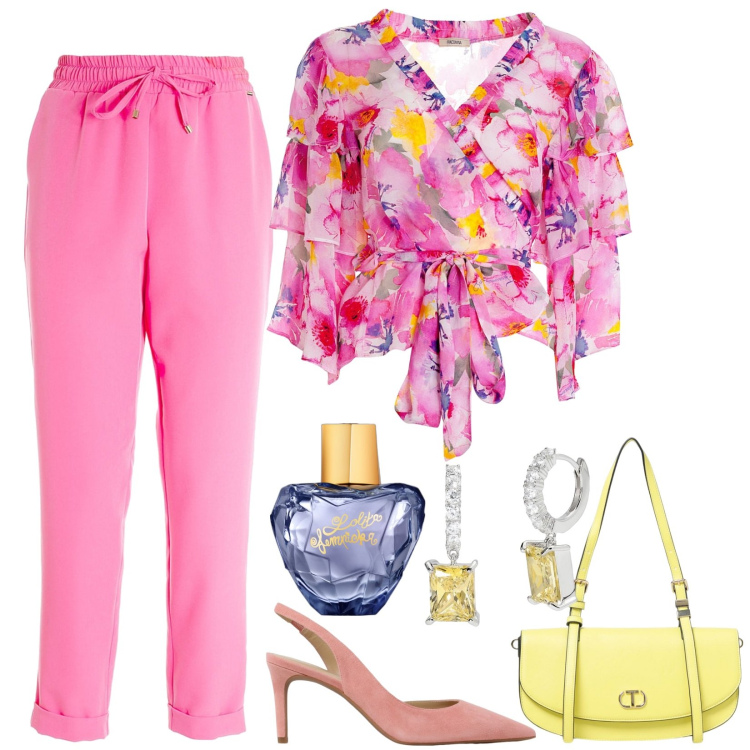 Outfit donna - Total look #1944533. Stile Casual chic per Tutti i giorni. Abbinamento con profumi, orecchini, bluse, pantaloni, scarpe col tacco, borse a spalla.