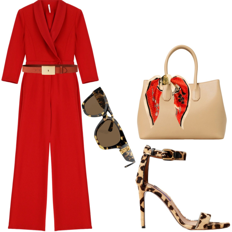 Outfit donna - Vitalità. Stile Chic per Tutti i giorni. Abbinamento con tute, occhiali da sole, cinture, foulard, sandali col tacco, borse a mano.