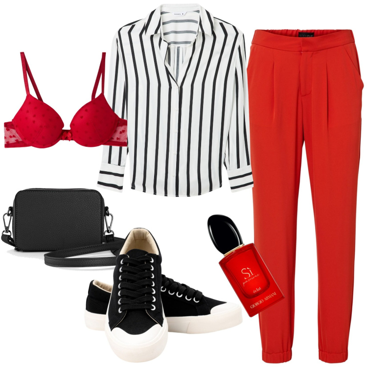 Outfit donna - Dinamica. Stile Casual per Ufficio. Abbinamento con borse a tracolla, pantaloni, profumi, camicie, reggiseni push-up, sneakers.