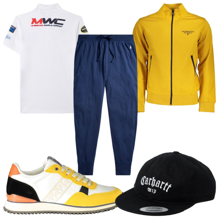 Outfit uomo - Total look #1944572. Stile Trendy per Sport. Abbinamento con polo, pantaloni, felpe, cappelli, sneakers.