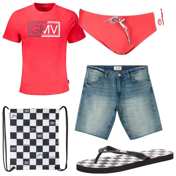 Outfit uomo - Total look #1944574. Stile Trendy per Mare. Abbinamento con borse sportive, sandali, bermuda, t-shirt, costumi.