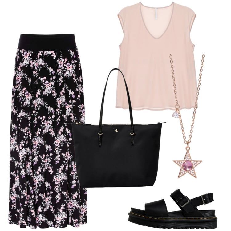 Outfit donna - Gonna, top e sandali. Stile Basic per Tutti i giorni. Abbinamento con gonne lunghe, collane, top, borse tote, sandali in pelle.