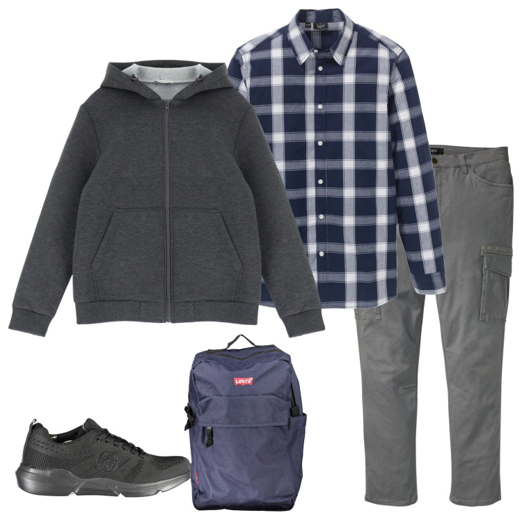 Outfit uomo - Verso il rifugio. Stile Casual per Sport. Abbinamento con camicie, pantaloni cargo, felpe con cappuccio, scarpe sportive, borse sportive.
