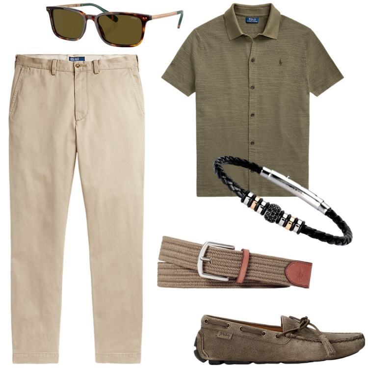 Outfit uomo - Aperitivo con gli amici. Stile Urban per Tutti i giorni. Abbinamento con braccialetti, scarpe stringate, cinture, pantaloni chino, occhiali da sole, maglieria.