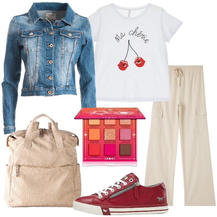 Outfit donna - Casual my style. Stile Casual per Tutti i giorni. Abbinamento con zaini, sneakers, ombretti, pantaloni cargo, blazer, t-shirt.