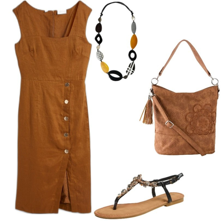 Outfit donna - Abito in puro lino. Stile Casual per Tutti i giorni. Abbinamento con borse a mano, vestiti, sandali gioiello, collane.