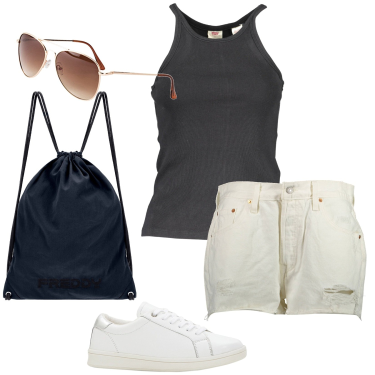 Outfit donna - Freschezza e praticità. Stile Basic per Tutti i giorni. Abbinamento con sneakers, occhiali da sole, zaini, jeans strappati, camicie.