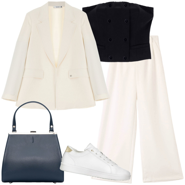 Outfit donna - Il top sotto la giacca. Stile Casual chic per Tutti i giorni. Abbinamento con sneakers, pantaloni, blazer, top, clutch.