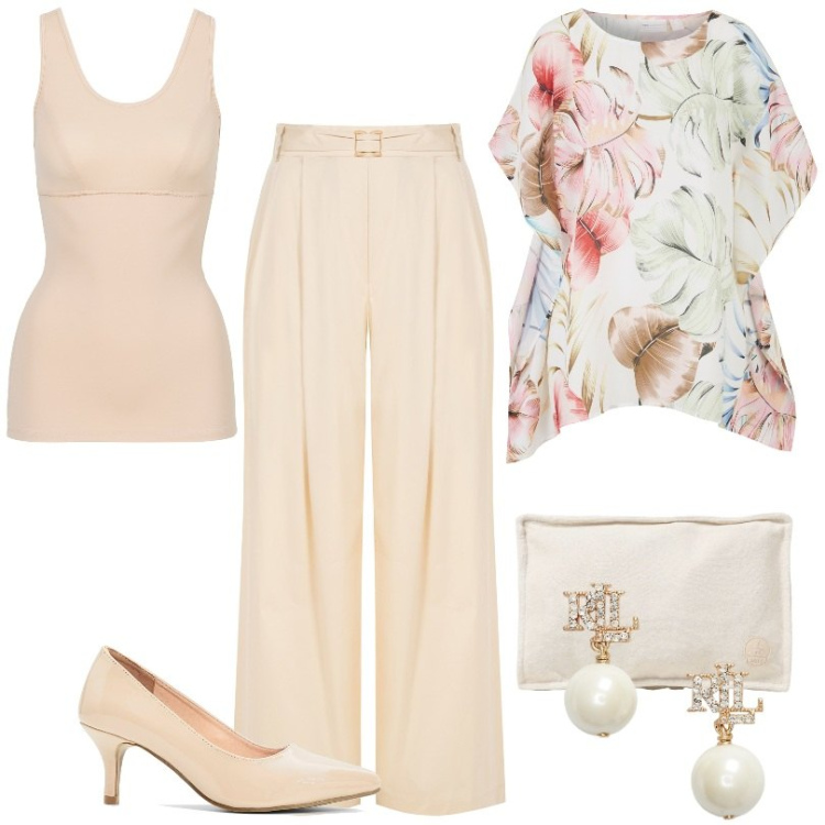 Outfit donna - Total look #1944651. Stile Chic per Tutti i giorni. Abbinamento con top, tuniche, décolleté, pantaloni, orecchini, pochette.