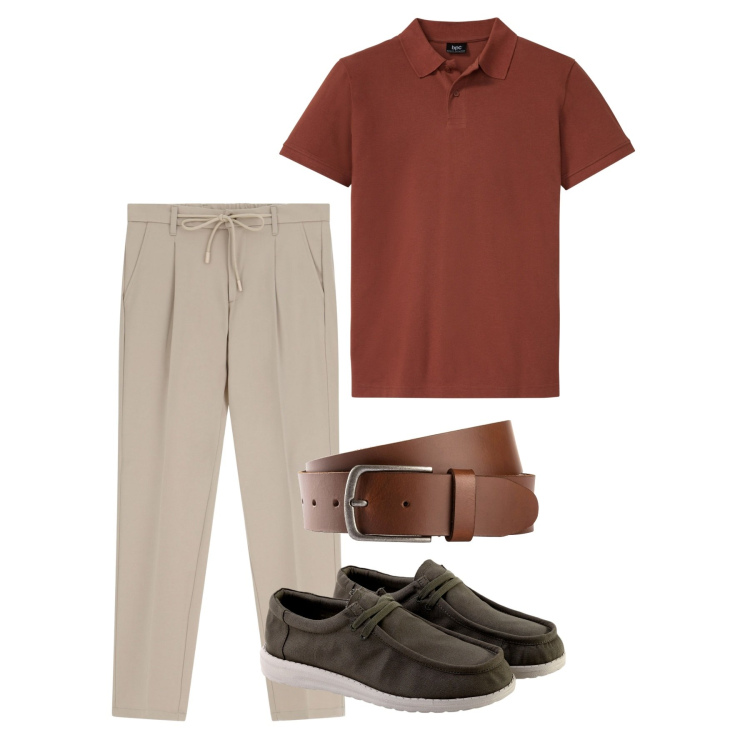 Outfit uomo - Cannella e sabbia. Stile Trendy per Tutti i giorni. Abbinamento con cinture, polo, pantaloni, scarpe stringate.