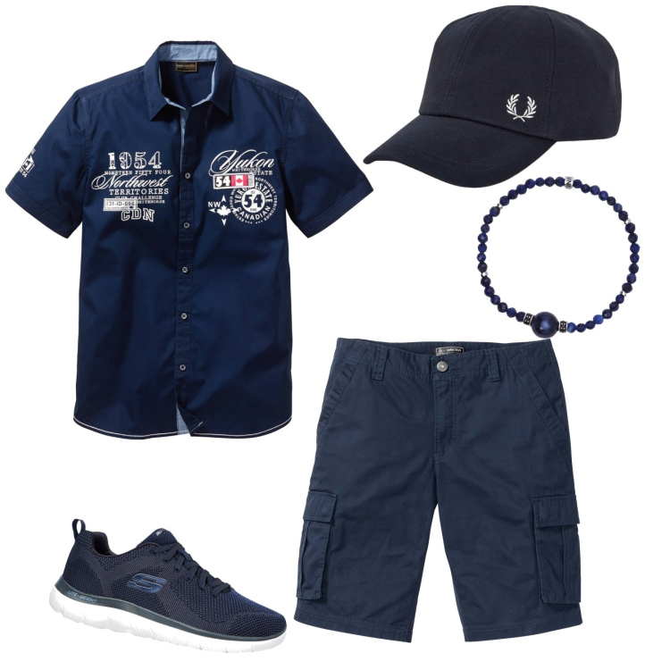 Outfit uomo - Nel blu... Stile Casual per Tutti i giorni. Abbinamento con camicie a manica corta, bermuda, sneakers, braccialetti, cappelli.