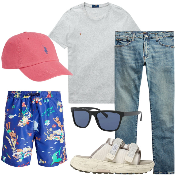 Outfit uomo - Look spiaggia - kitesurfing. Stile Urban per Sport. Abbinamento con t-shirt, jeans, occhiali da sole, costumi, cappelli, sandali.