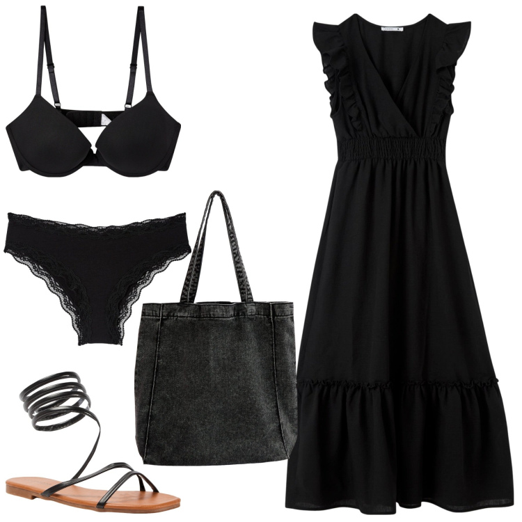 Outfit donna - Rientro in città. Stile Boho per Tutti i giorni. Abbinamento con vestiti lunghi, shopping bag, culotte, sandali, reggiseni push-up.