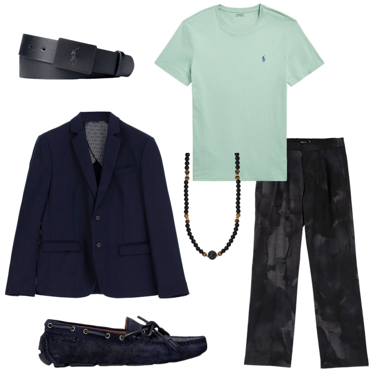 Outfit uomo - Serata speciale. Stile Trendy per Serata speciale. Abbinamento con collane, pantaloni, giacche, scarpe stringate, cinture, t-shirt.