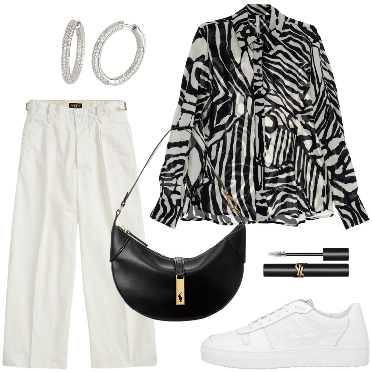 Outfit donna - La blusa geometrica. Stile Chic per Serata fuori. Abbinamento con sneakers, mascara, orecchini, camicie, pantaloni, borse a spalla.