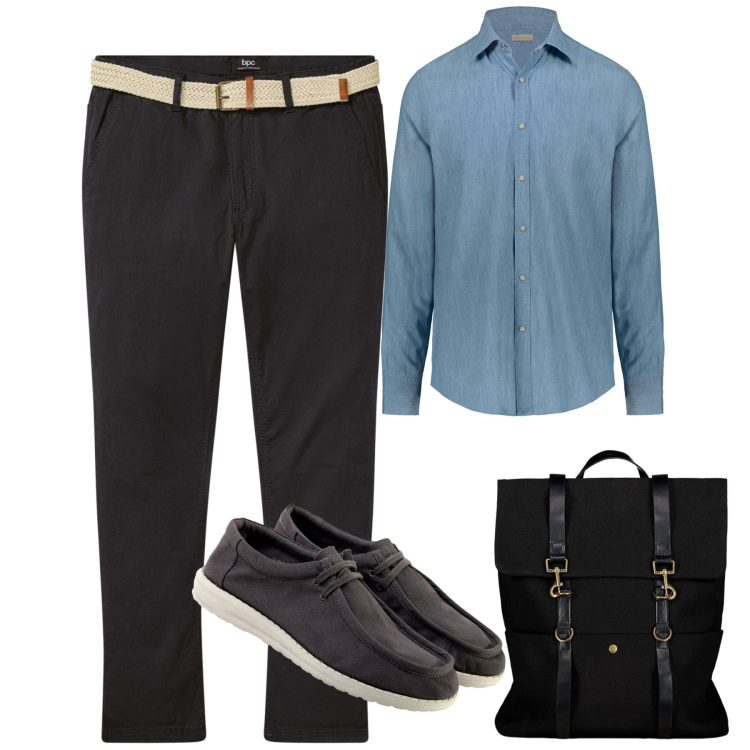 Outfit uomo - Office. Stile Urban per Ufficio. Abbinamento con pantaloni chino, scarpe stringate, borse sportive, camicie.