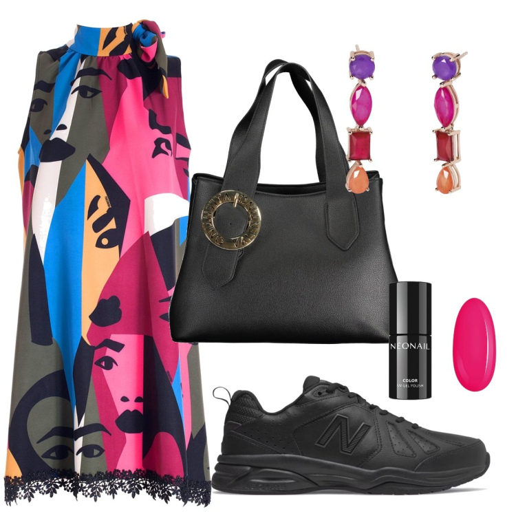 Outfit donna - Originalità assoluta. Stile Trendy per Tutti i giorni. Abbinamento con smalti, orecchini, sneakers, vestiti senza maniche, borse a spalla.