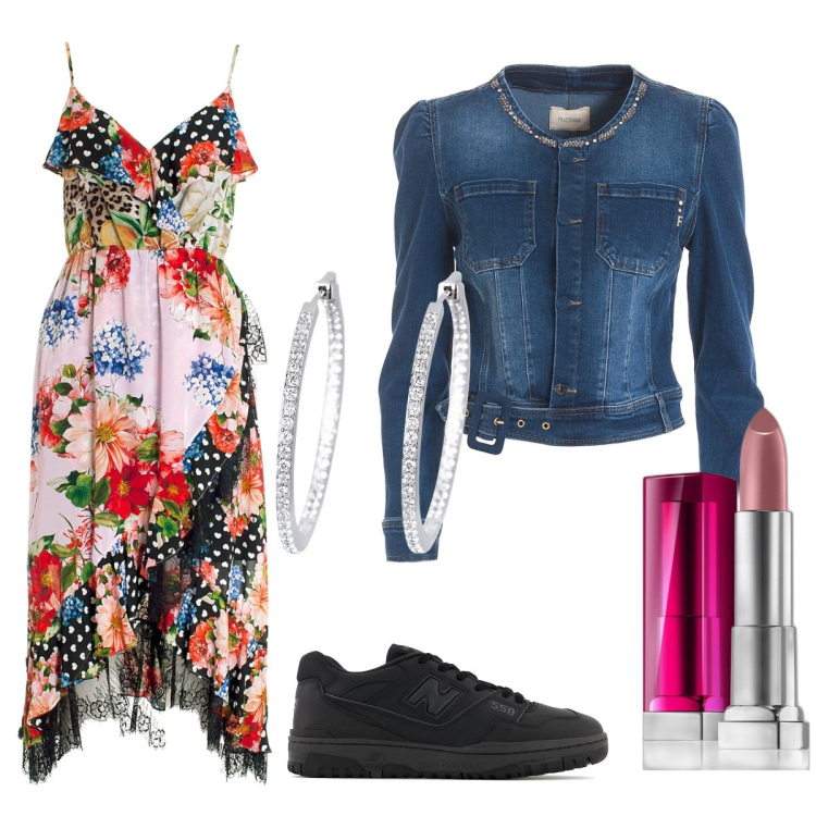 Outfit donna - Fiori in città. Stile Casual chic per Tutti i giorni. Abbinamento con rossetti, orecchini, sneakers, blazer, vestiti asimmetrici.