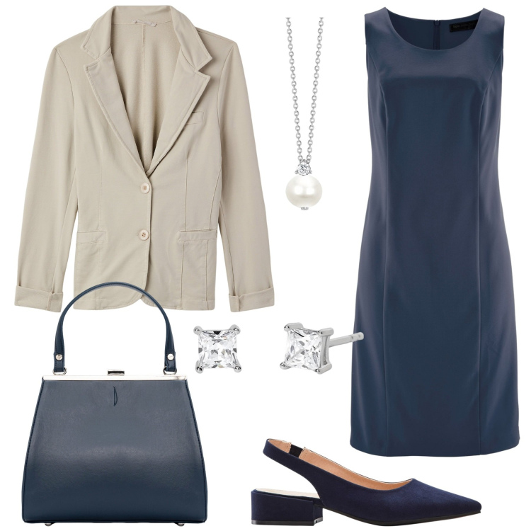 Outfit donna - In ufficio. Stile Bon Ton per Ufficio. Abbinamento con vestiti a tubino, décolleté, blazer, collane, orecchini, clutch.
