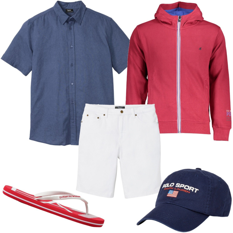 Outfit uomo - Colazione al lago. Stile Casual per Tutti i giorni. Abbinamento con camicie a manica corta, bermuda, berretti, sandali, felpe con cappuccio.