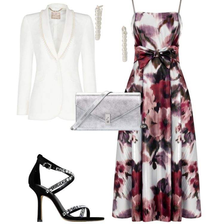 Outfit donna - Total look #1944844. Stile Romantica per Cerimonia. Abbinamento con vestiti midi/longuette, blazer, orecchini, clutch, sandali col tacco.
