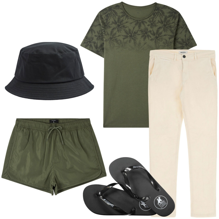 Outfit uomo - Ferie marittime. Stile Urban per Mare. Abbinamento con t-shirt, costumi, cappelli, pantaloni, sandali.