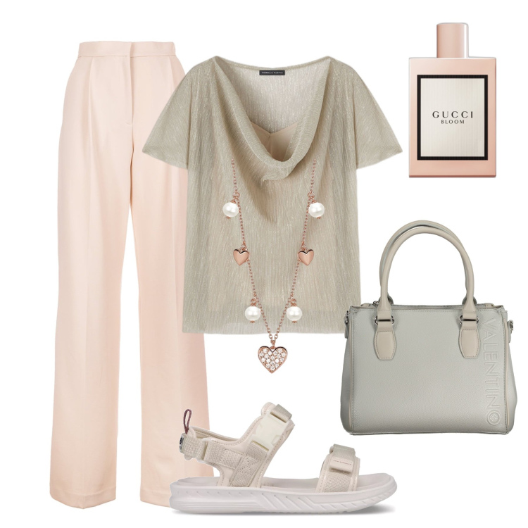 Outfit donna - Cuori al collo. Stile Casual chic per Tutti i giorni. Abbinamento con profumi, collane, sandali, pantaloni, t-shirt, borse a spalla.