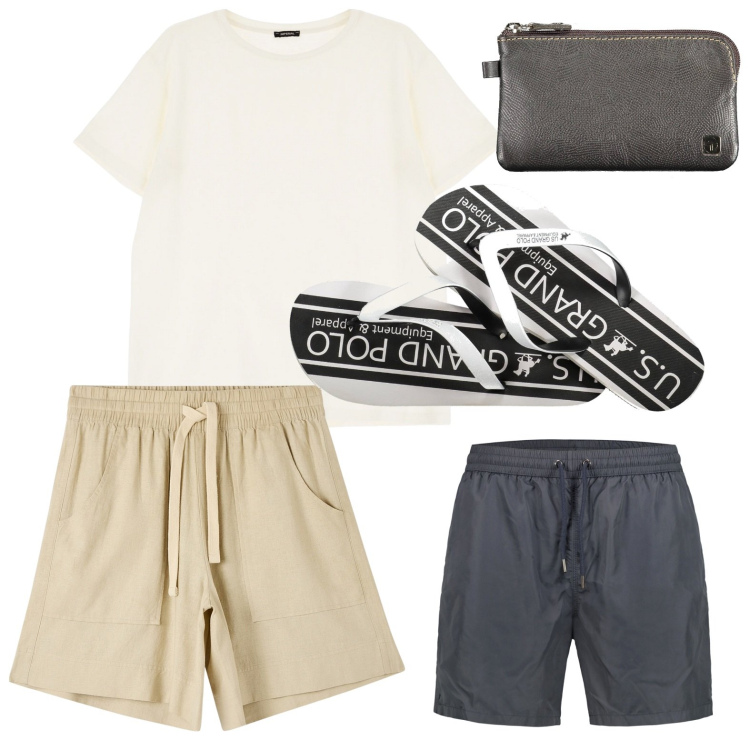 Outfit uomo - Soggiorno alle terme. Stile Casual per Tutti i giorni. Abbinamento con bermuda, t-shirt, portafogli, sandali, costumi.
