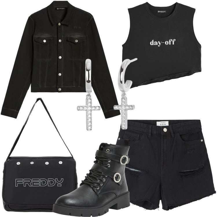 Outfit donna - Rock a settembre. Stile Rock per Tutti i giorni. Abbinamento con shorts, anfibi, orecchini, borse messenger, blazer, t-shirt.