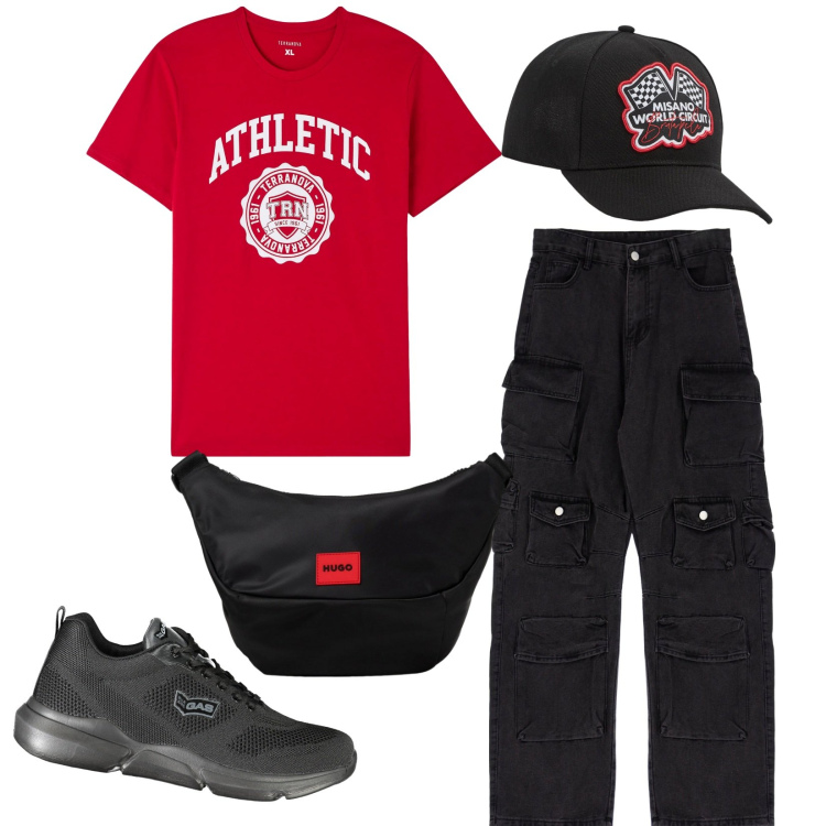 Outfit uomo - Fabio l\' atletico. Stile Casual per Tutti i giorni. Abbinamento con cappelli, t-shirt, pantaloni cargo, sneakers, borse sportive.