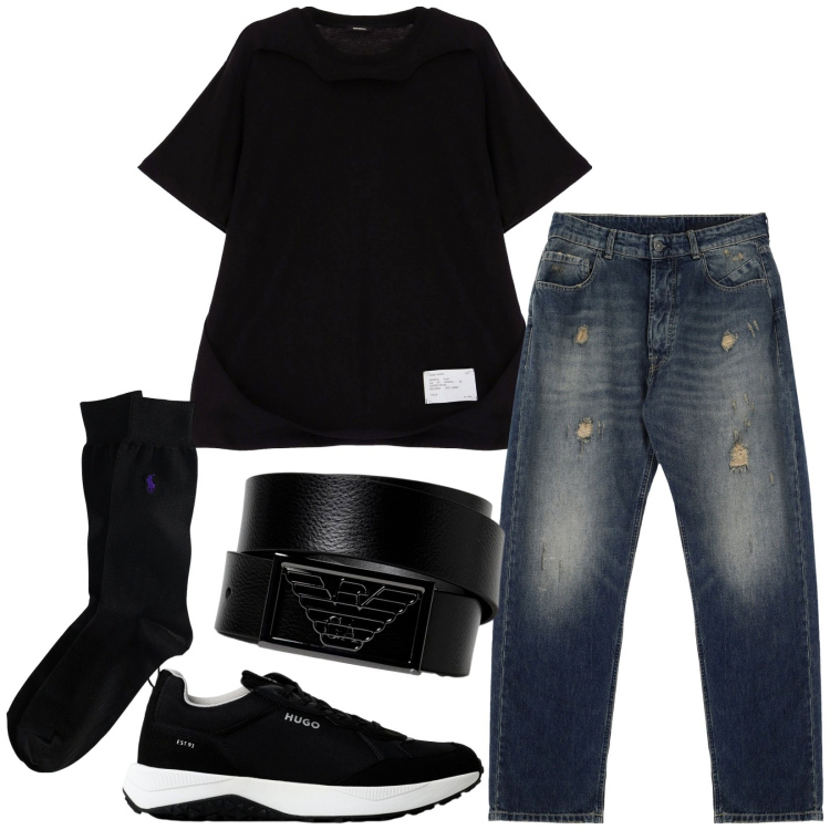 Outfit uomo - My boy. Stile Casual per Tutti i giorni. Abbinamento con t-shirt, jeans strappati, calzini, sneakers, cinture.