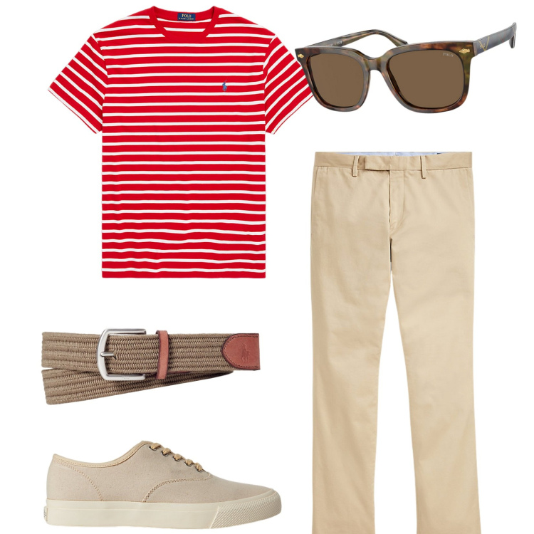 Outfit uomo - Good vibes. Stile Casual per Tutti i giorni. Abbinamento con sneakers, pantaloni chino, cinture, occhiali da sole, t-shirt.