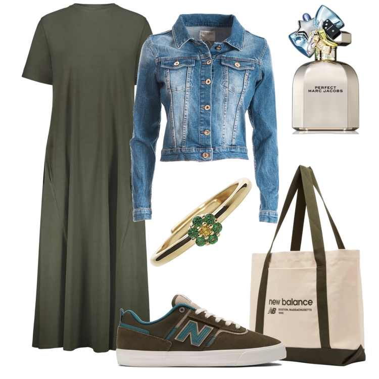 Outfit donna - Praticità in città. Stile Casual per Tutti i giorni. Abbinamento con profumi, anelli, sneakers, borse tote, blazer, vestiti midi/longuette.