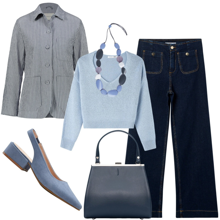 Outfit donna - Amo il mio lavoro. Stile Casual chic per Ufficio. Abbinamento con décolleté, maglieria, jeans, blazer, clutch, collane.