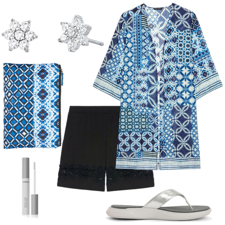 Outfit donna - Stile minimal - la camicia maiolica. Stile Minimal per Tutti i giorni. Abbinamento con mascara, orecchini, ciabatte, pantaloni corti, pochette, caftani.