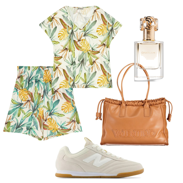 Outfit donna - Passeggiata tropical sul lungomare. Stile Casual per Tutti i giorni. Abbinamento con profumi, sneakers, pantaloni corti, t-shirt, borse a spalla.