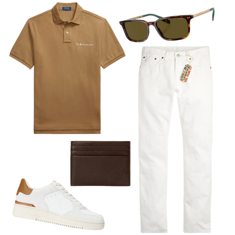 Outfit uomo - Latte e caramello. Stile Trendy per Serata speciale. Abbinamento con portafogli, jeans slim fit, polo, sneakers, occhiali da sole.