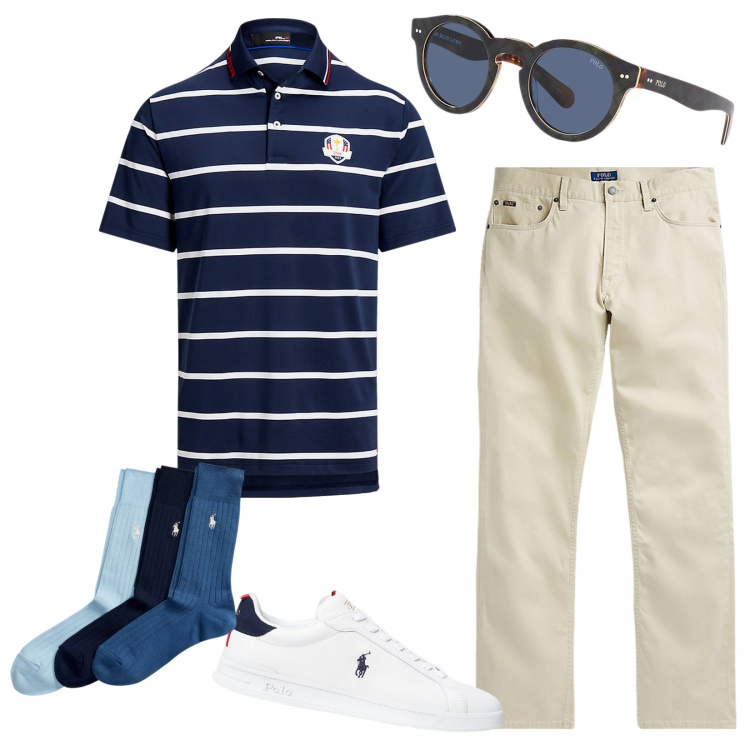 Outfit uomo - By the sea. Stile Casual per Tutti i giorni. Abbinamento con calzini, sneakers, occhiali da sole, polo, pantaloni.