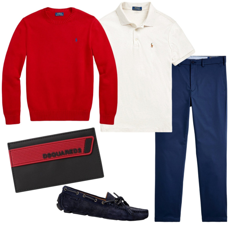 Outfit uomo - Vive la France. Stile Casual per Tutti i giorni. Abbinamento con scarpe stringate, polo, maglieria, pantaloni chino, portafogli.