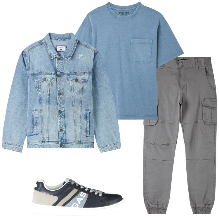 Outfit uomo - Tempo libero. Stile Casual per Tutti i giorni. Abbinamento con t-shirt, giacche, pantaloni cargo, sneakers.